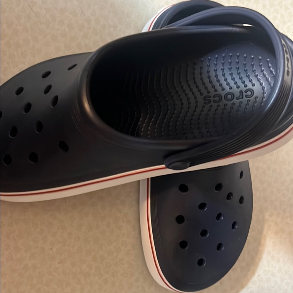Classic Navy Crocs with Red and White Accents